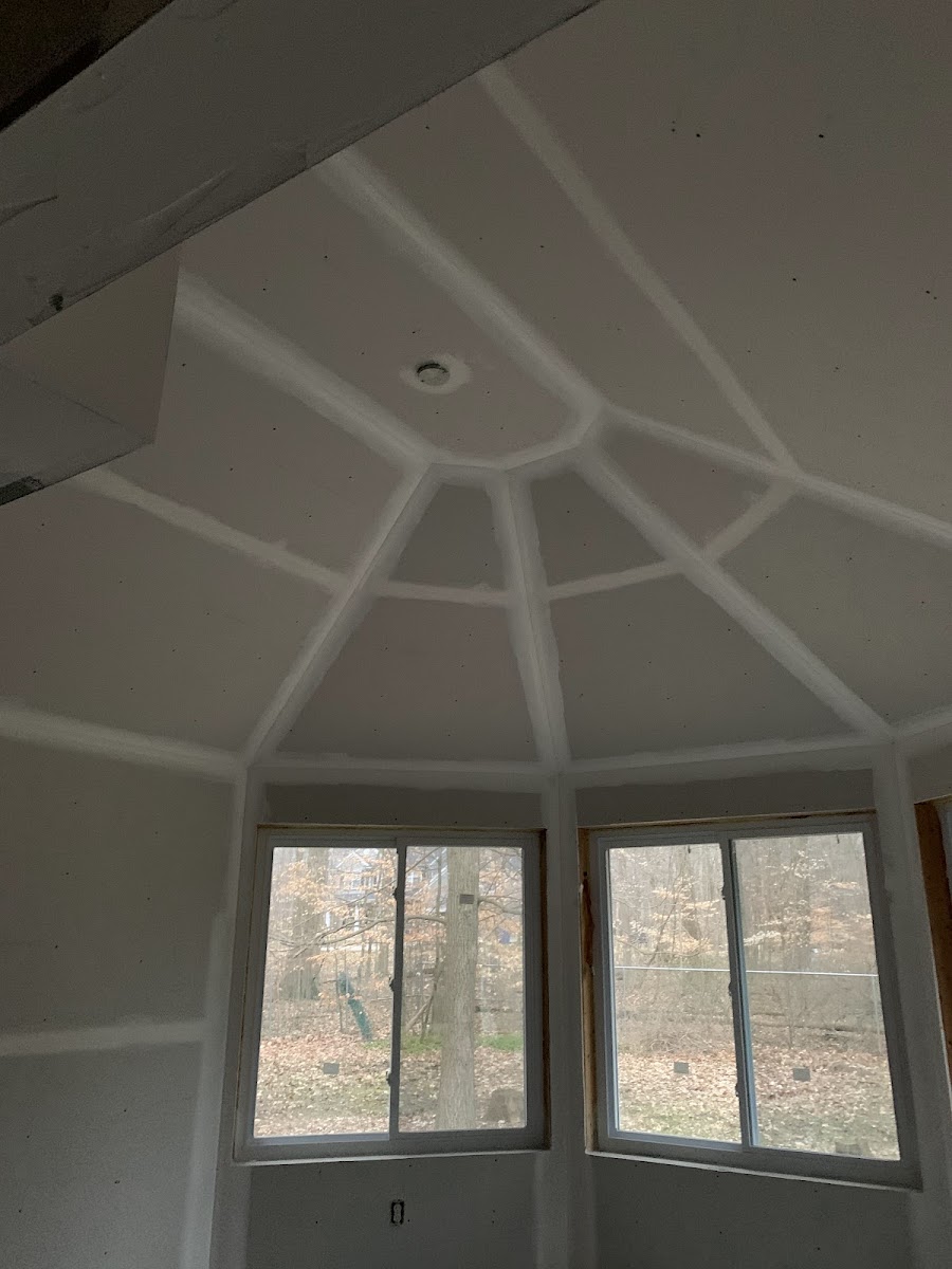 Coffered tray ceiling with finished drywall