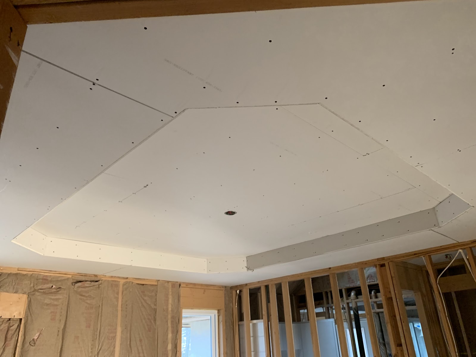 Tray ceiling and bay window drywall finishing